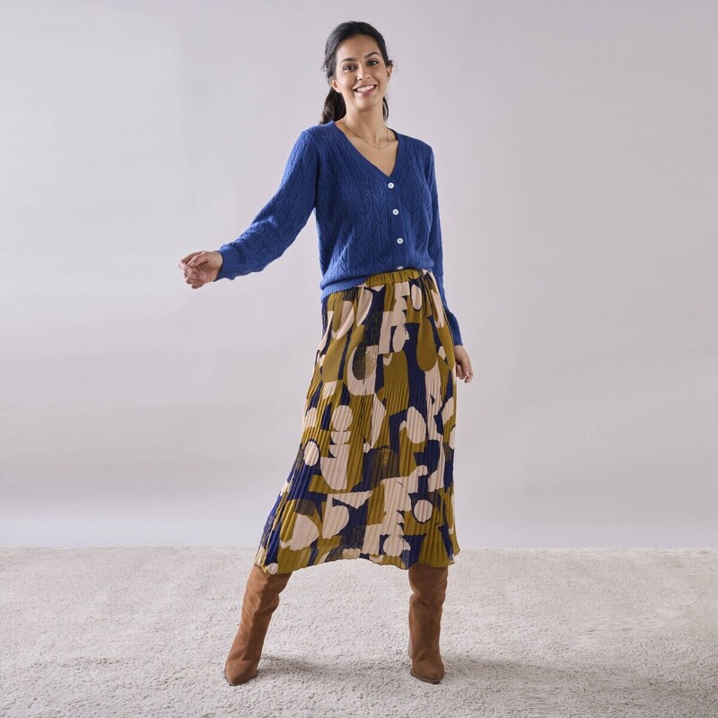 Voálová plisovaná sukňa s potlačou, pre vyššiu postavu bronzová/modrá 56607828