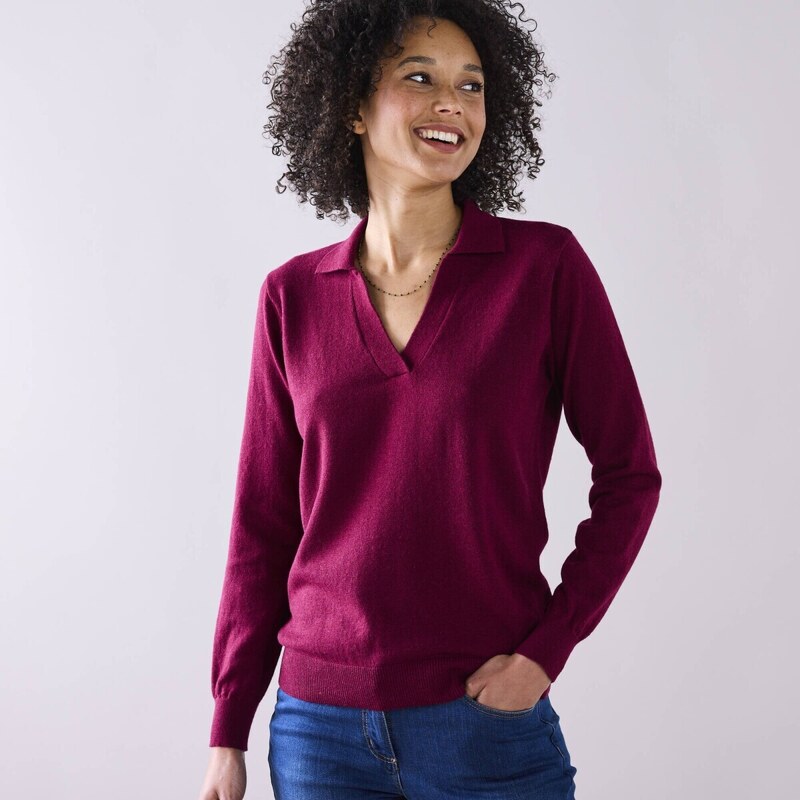 Pulóver z jahňacej vlny s polo golierom bordó 036 Blancheporte 56607833