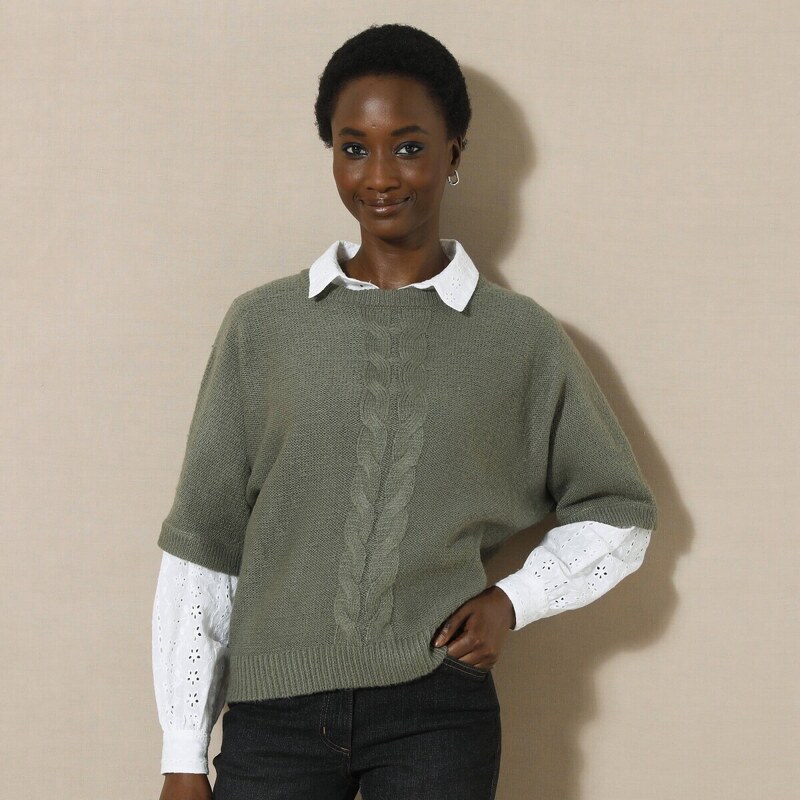 Pulóver s rukávmi po lakte a vrkočovým vzorom khaki 048 Blancheporte 56607847