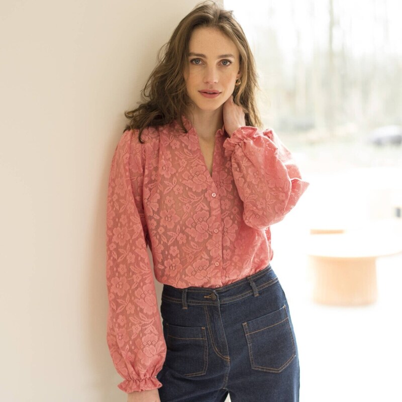 Blúzka z kvetovanej čipky s volánikmi ružové drevo 044 Blancheporte 56607913