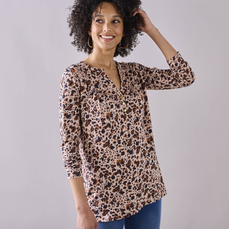 Tunika s dlhými rukávmi a potlačou zvieracej srsti béžová/nám.modrá 56607920