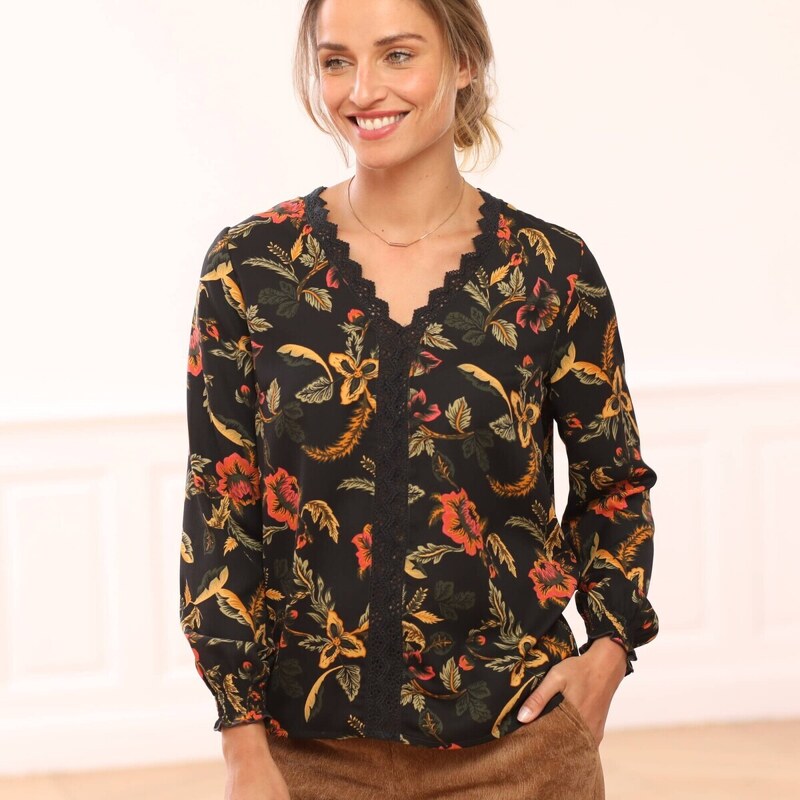 Krepová blúzka s macramé a potlačou kvetov čierna/bronzová 048 56607978