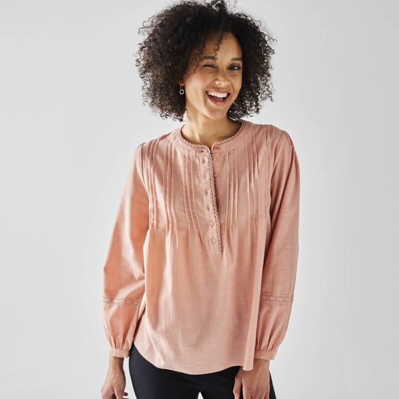 Jednofarebné blúzka so zámikmi a macramé sivoružová 044 Blancheporte 56607981