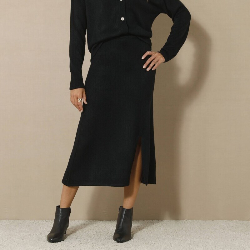 Úpletová midi sukňa s rozparkom čierna 036 Blancheporte 56607993