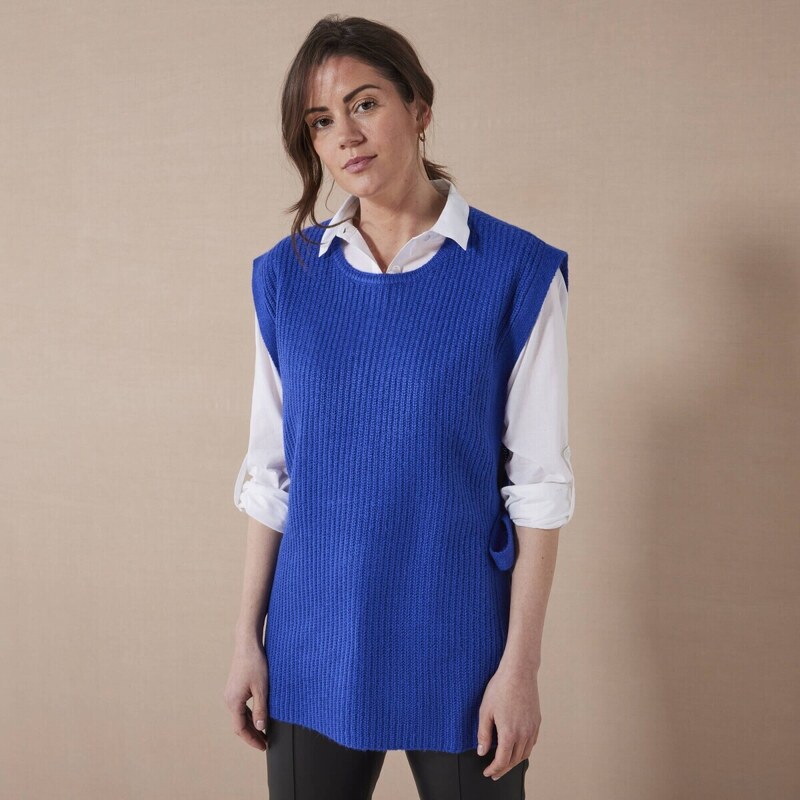 Dlhá vesta z hladkého úpletu s viazačkami na bokoch tmavomodrá 036 56608011