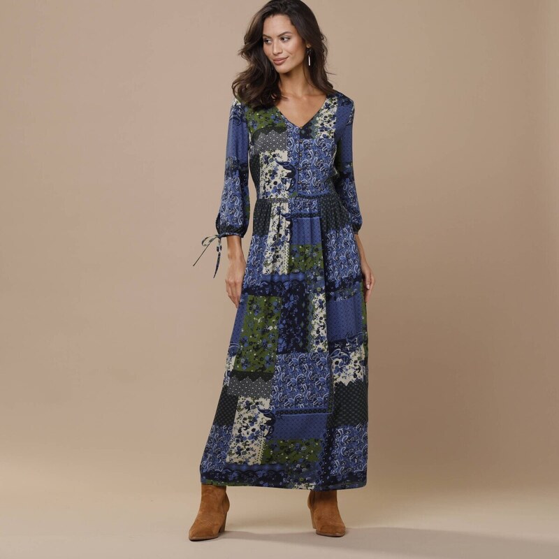 Dlhé šaty s výstrihom do V a patchwork potlačou modrá/zelená 048 56608028