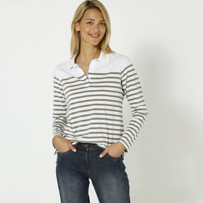 Pruhované džersejové polo tričko s dlhými rukávmi khaki/biela 048 57058924
