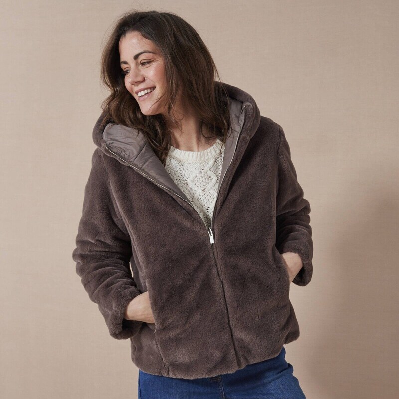 Obojstranná prešívaná bunda z imitácie kožušiny hnedosivá 036 56784379