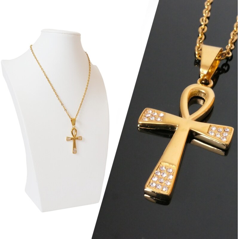 Retiazka s príveskom zlatý kríž ANKH zdobený očkami 66889394