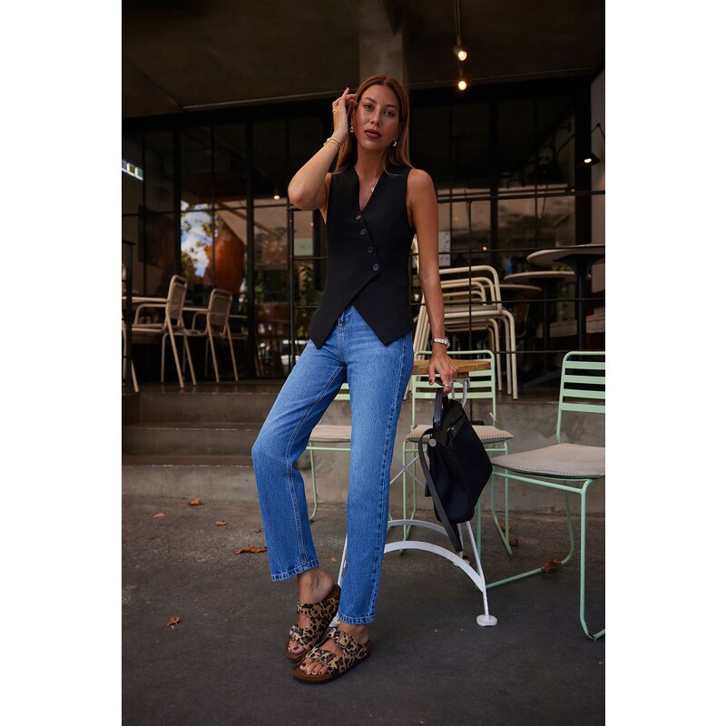 Trendyol modré rovné džínsy s vysokým pásom 50622018