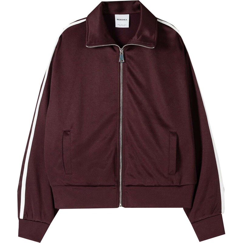 Bershka Tepláková bunda vínovo červená / biela 57917376