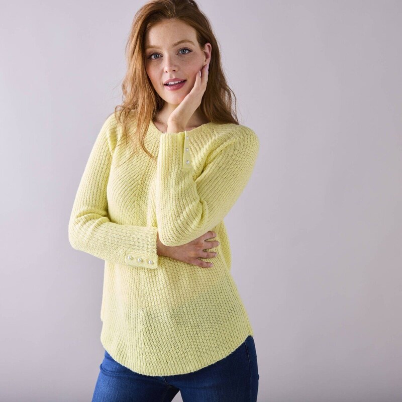 Rozšírený pulóver s okrúhlym výstrihom, hladký pletený vzor žltá 036 56607600