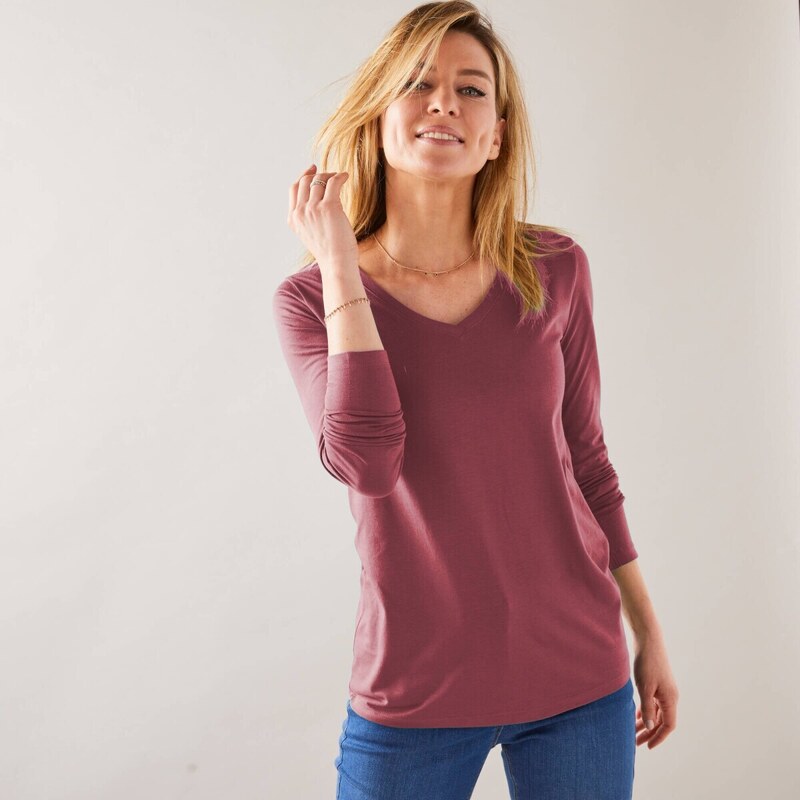 Tričko s výstrihom do V a dlhými rukávmi slivková 054 Blancheporte 57058910