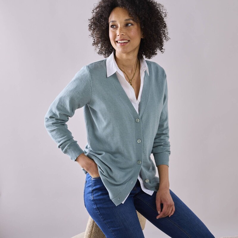 Sveter s výstrihom do „V“ z jahňacej vlny sivozelená 036 Blancheporte 56966668