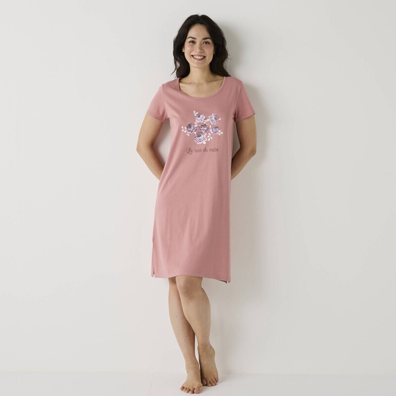 Krátka nočná košeľa s krátkymi rukávmi a potlačou ružová 036 56966709