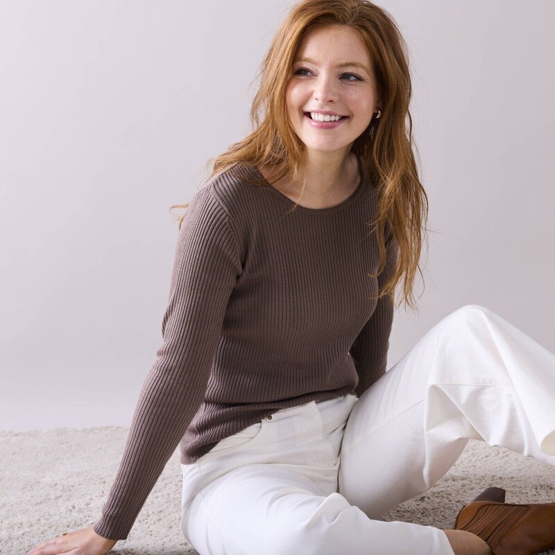 Vrúbkovaný pulóver s okrúhlym výstrihom hnedosivá 036 Blancheporte 56966611