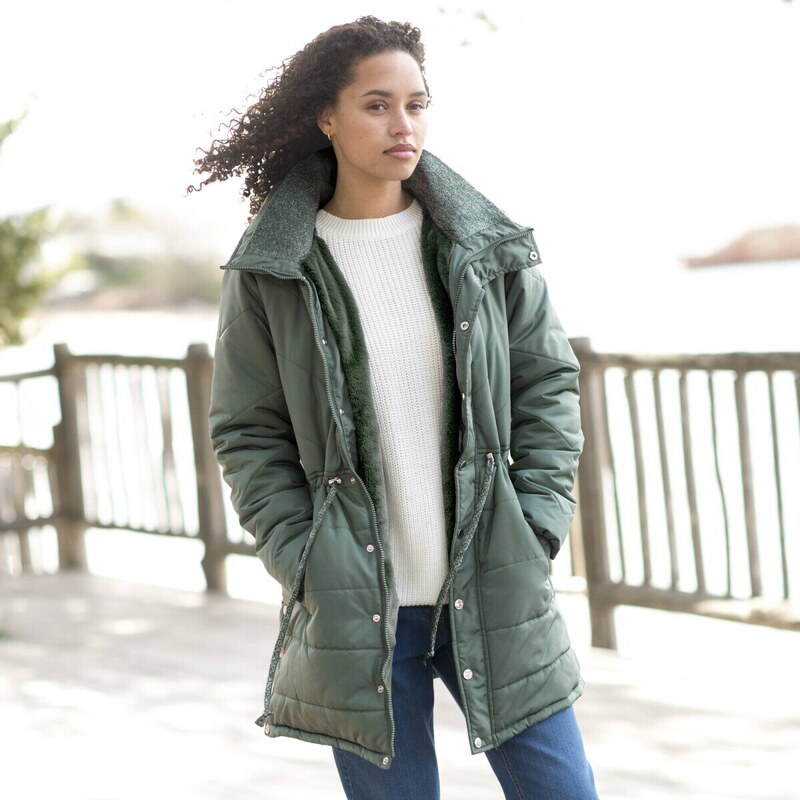 Dlhá nepremokavá prešívaná bunda s kapucňou sivozelená 038 57059020