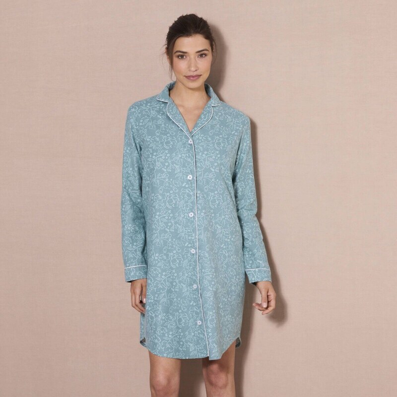 Flanelová nočná košeľa na gombíky a potlačou kvetín tyrkysová 044 56966715
