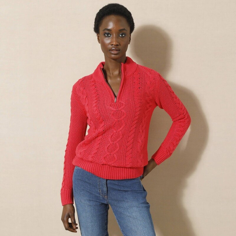 Pulóver so stojačikom na zips a s vrkočovým vzorom červená 054 56966799