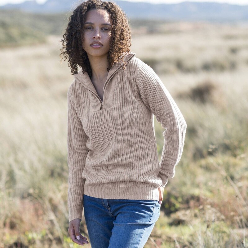 Pulóver so zipsovým stojačikom, anglický hladký vzor béžový melír 036 57059009