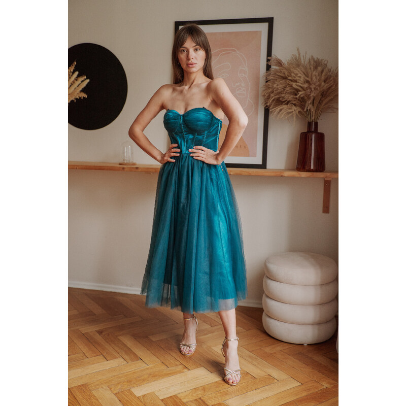 miadresses.sk Petrolejové midi šaty s korzetom a tylovou sukňou 46575842