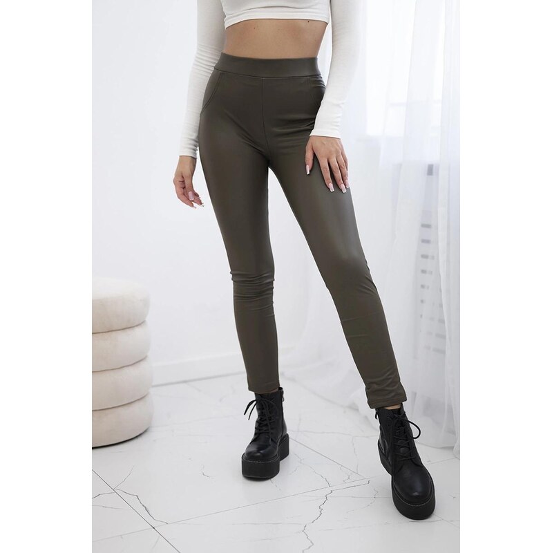 MladaModa Push-up legíny z ekokože model TR1878 farba khaki 63034493
