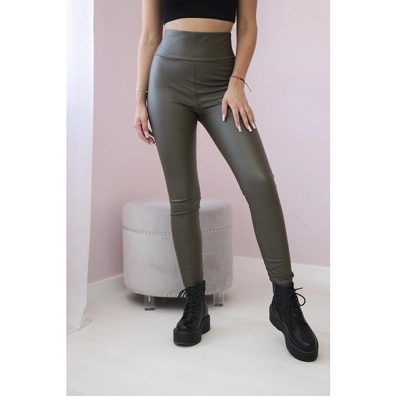 MladaModa Zateplené legíny z ekokože model TR1835 farba khaki 63034496