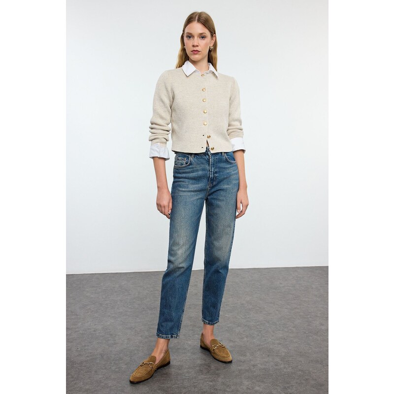 Trendyol Dark Blue Faded Effect Vintage High Waist Slim Mom Jeans 57564287