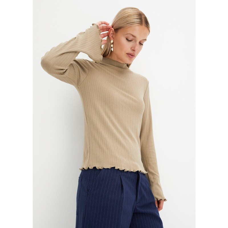 bonprix Vrúbkované tričko s dlhým rukávom, farba zelená 57156579