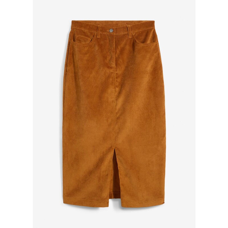 bonprix Strečová kordová sukňa v midi dĺžke, farba hnedá 57156623