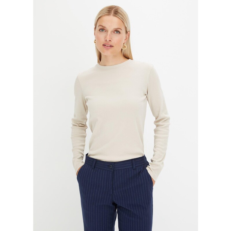 bonprix Tričko s dlhým rukávom, vrúbkované z bavlny, farba šedá 57156737