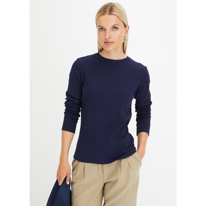 bonprix Tričko s dlhým rukávom, vrúbkované z bavlny, farba modrá 57156739