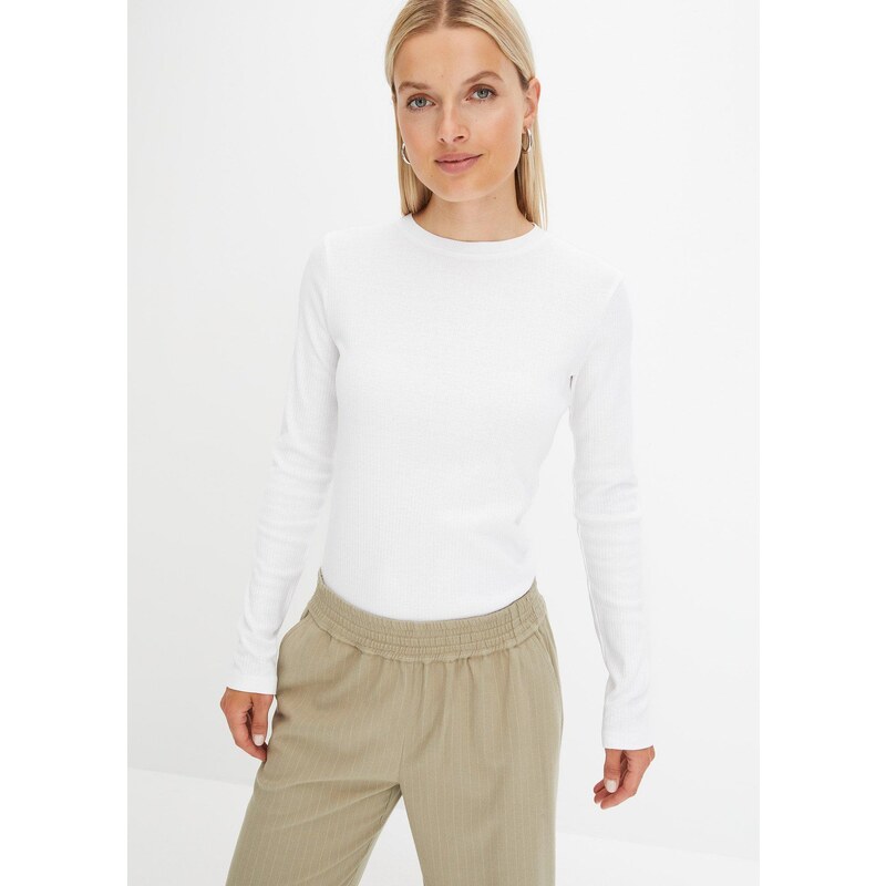 bonprix Tričko s dlhým rukávom, vrúbkované z bavlny, farba biela 57156740