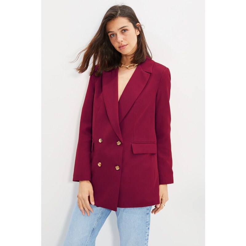 Trendyol Burgundy Oversize Lined Buttoned Woven Blazer Jacket 57780097