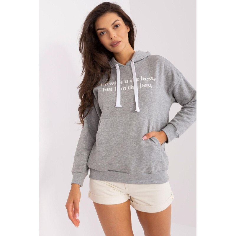 MladaModa Mikina s kapucňou a vyšívaným nápisom model 56390 šedá 57233896