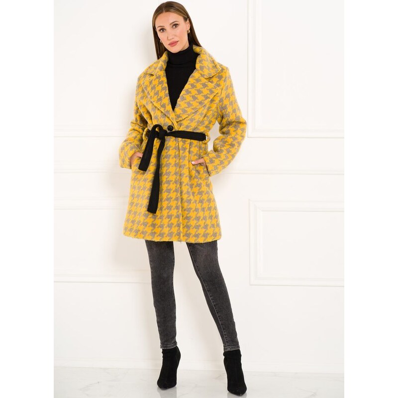 Glamorous by Glam Dámsky kabát žlto-sivý vzorovaný s opaskom