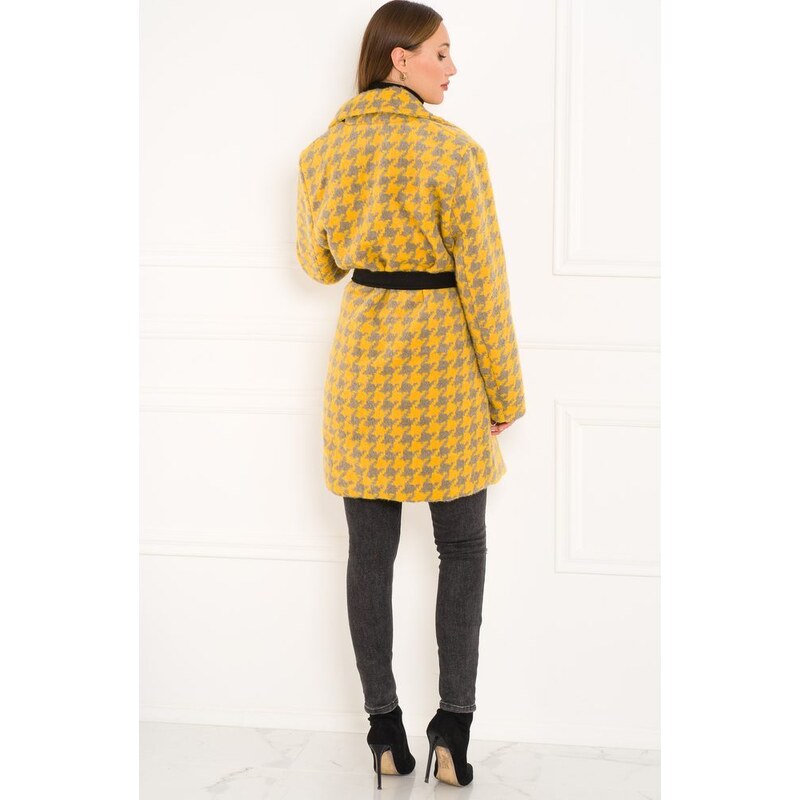 Glamorous by Glam Dámsky kabát žlto-sivý vzorovaný s opaskom