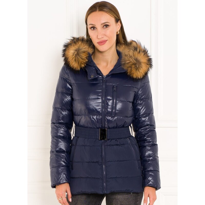 Due Linee Dámska zimná bunda tmavo modrá s opaskom a pravým medvedíkom 27542027