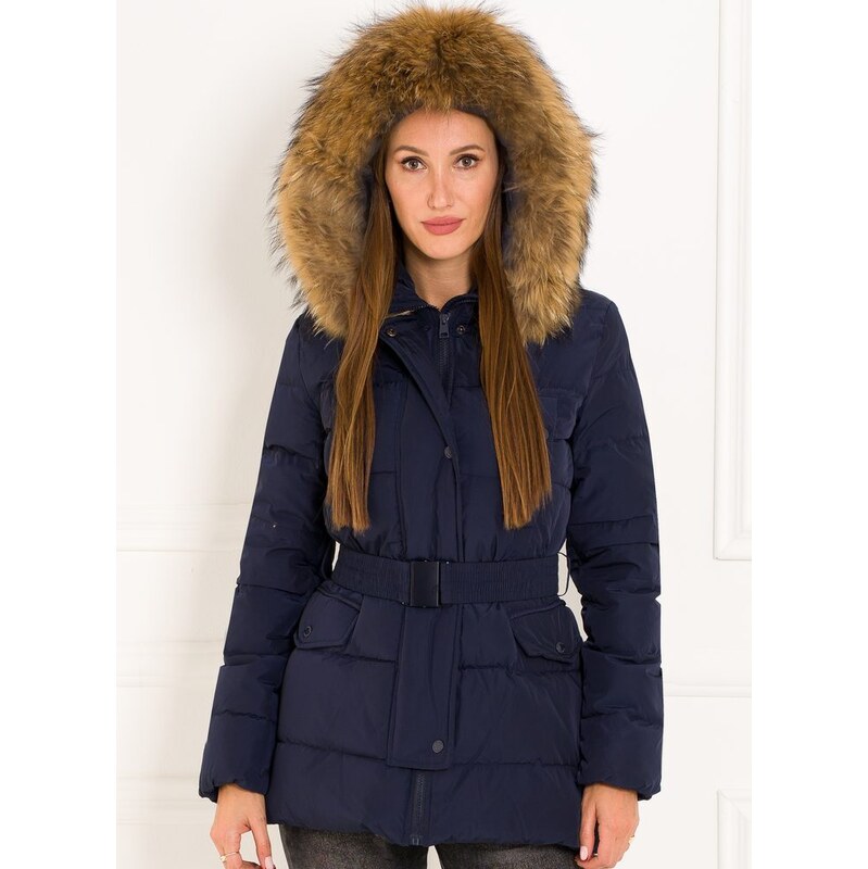 Due Linee Dámska zimná bunda s klopami a pravým medvedíkom čistý modrá 27542037