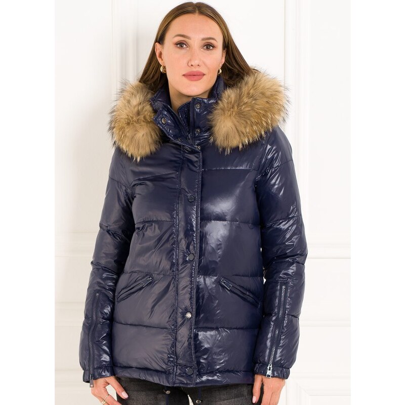 Due Linee Dámska lesklá zimná bunda s pravým medvedíkom čistý modrá 27542042