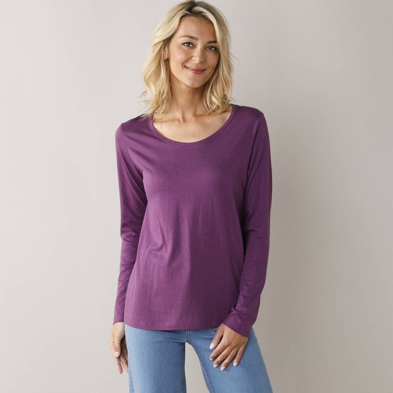 Jednofarebné tričko s okrúhlym výstrihom a dlhými rukávmi fialová 040 57360283