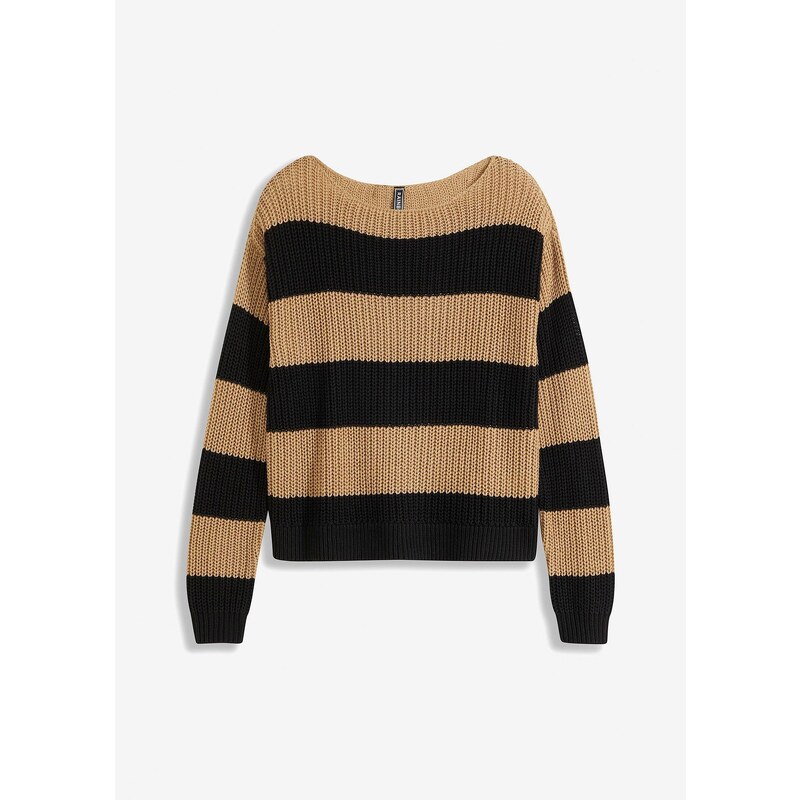 bonprix Pásikovaný pletený pulóver, farba béžová 57336321