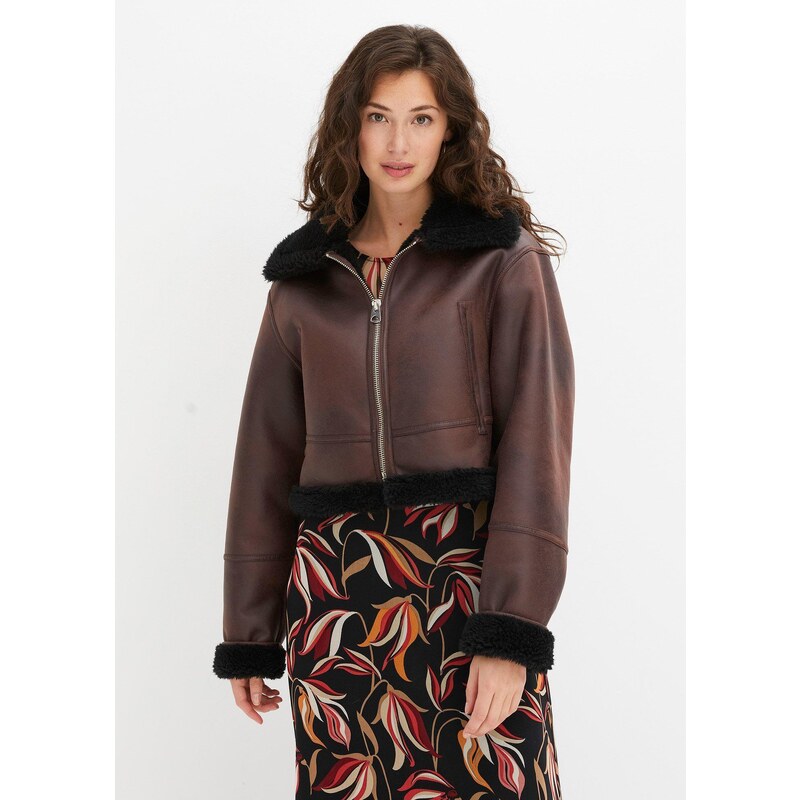 bonprix Pilotská bunda s umelou jahňacou kožušinkou, farba hnedá 57336362