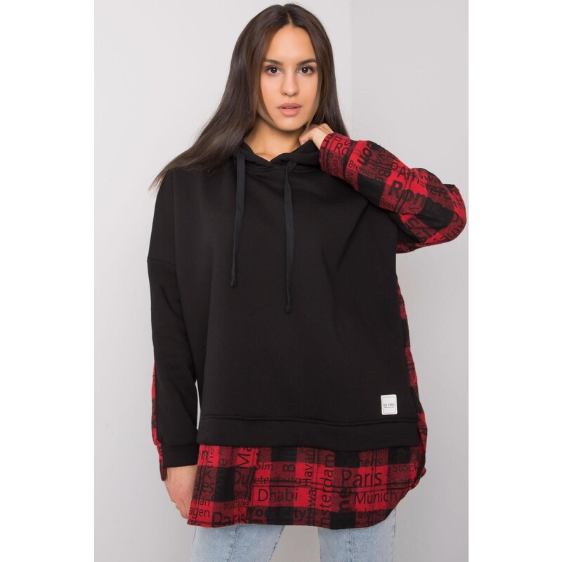 MladaModa Mikina Freyah s kapucňou a károvanými prvkami čierna+červená 57436511