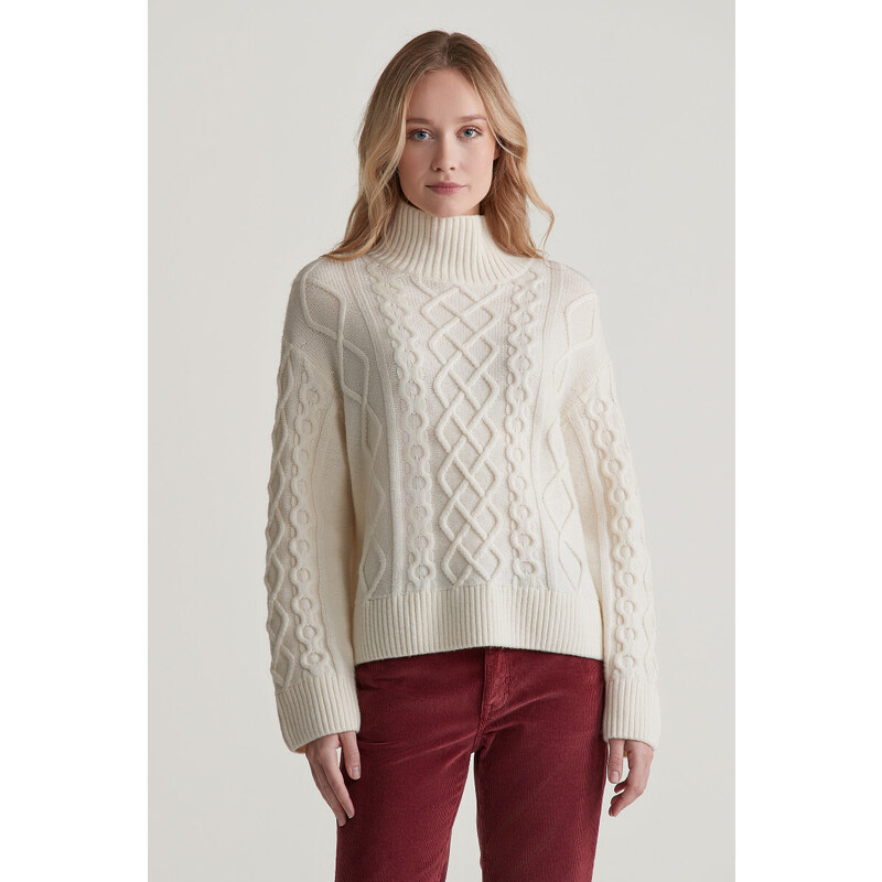 SVETER GANT CABLE KNIT STAND COLLAR CREAM 57453089