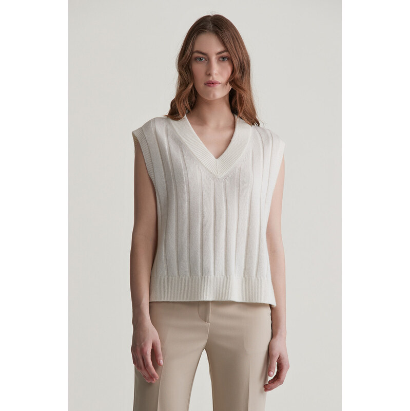 VESTA GANT WIDE RIBBED WOOL V-NECK VEST CREAM 57453093