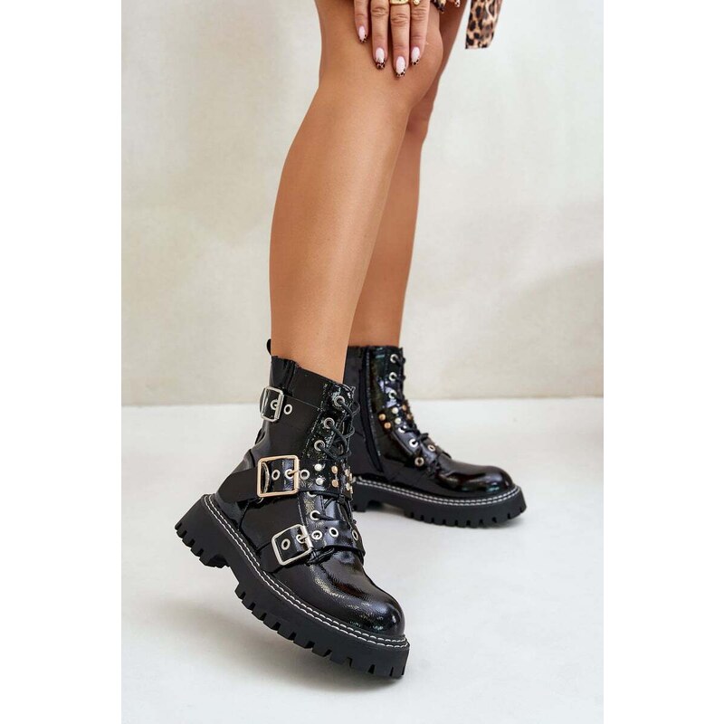 Boto Lakovane Pracovné Topánky S Prackami Čierne Serizia 64647680