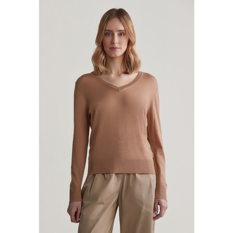 SVETER GANT FINE KNIT V-NECK CARAMEL BEIGE 57512089