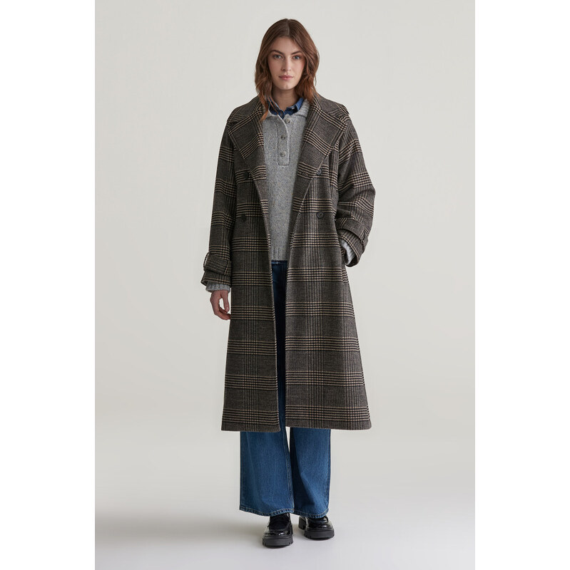 KABÁT GANT LARGE CHECKED WOOL TRENCH COAT BLACK 57512088