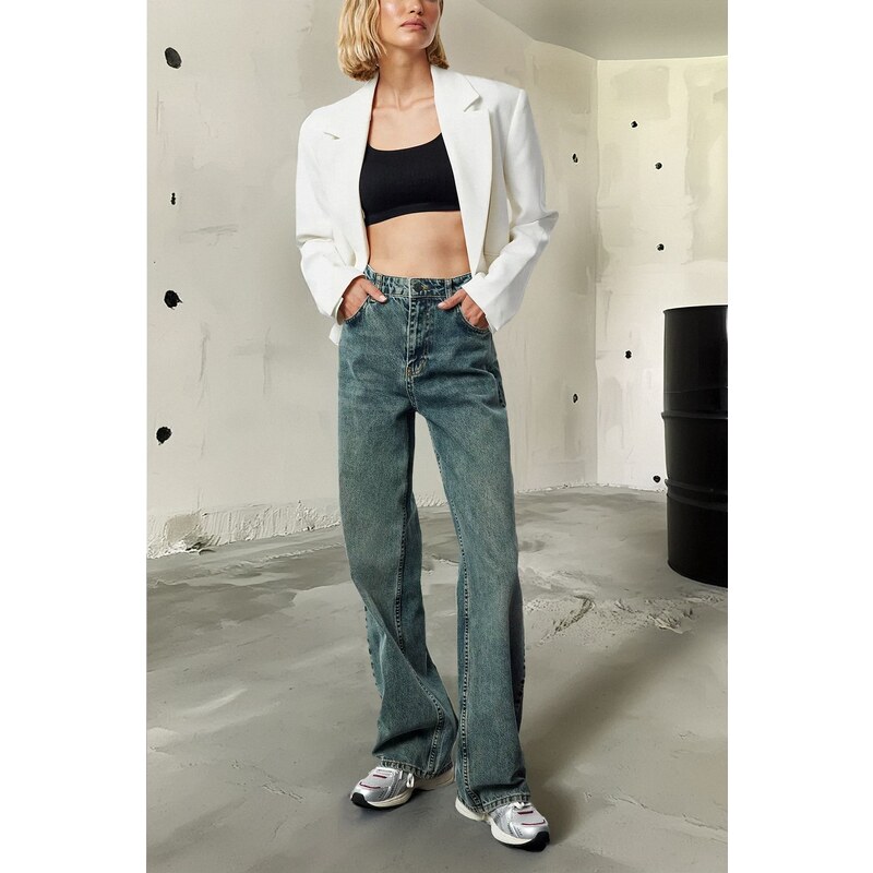 Trendyol Dark Blue Faded Effect Vintage High Waist Wide Leg Jeans 57779216